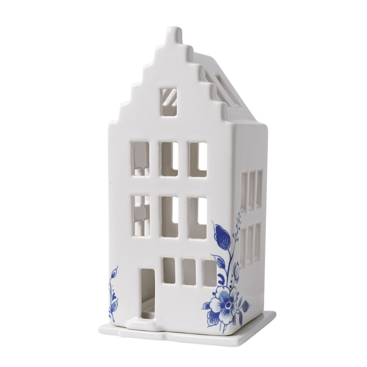 Waxinelichthouder huis trapgevel | Heinen Delfts blauw | Kerst | Delfts Blauw