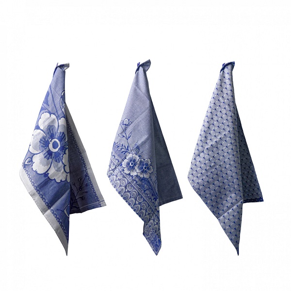Heinen Delfts Blauw - Theedoek - Bloemen - Blauw - Set van 3